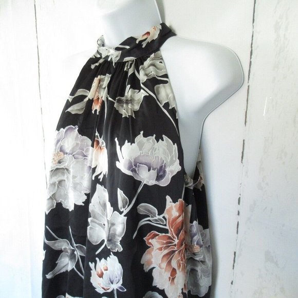 White House Black Market Top S Black Floral Sleeveless High Neck Halter - Picture 4 of 6